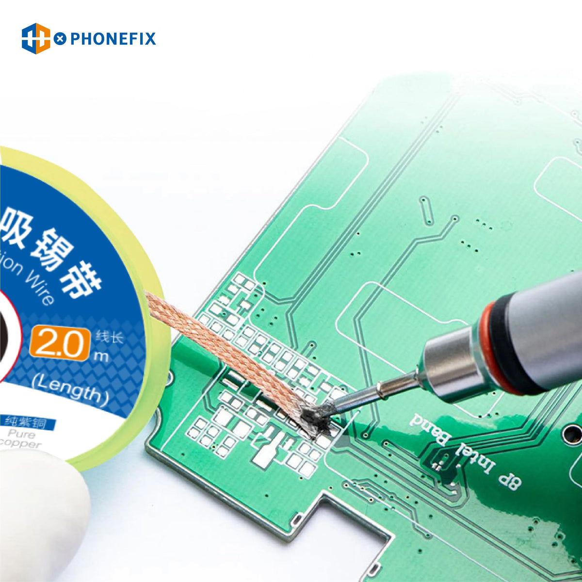 PhoneFix 99.9% pure copper desoldering wick for phone BGA soldering, 1.5mm solder wire for precise electronics repair.