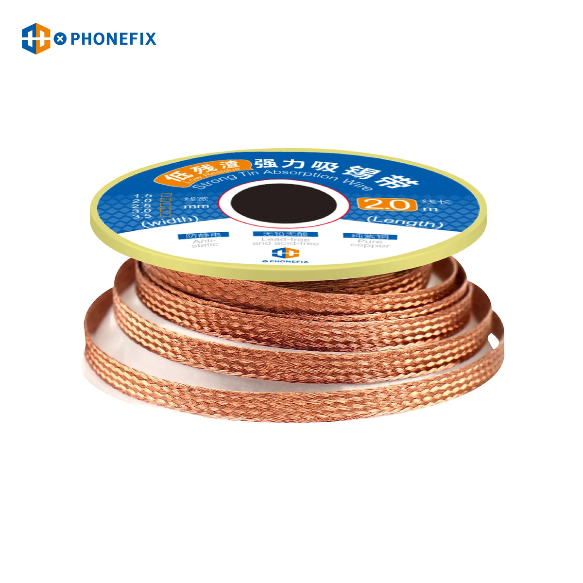 PHONEFIX desoldering braid soldering wire, 1.5mm BGA wick for electronics repair and solder removal.
