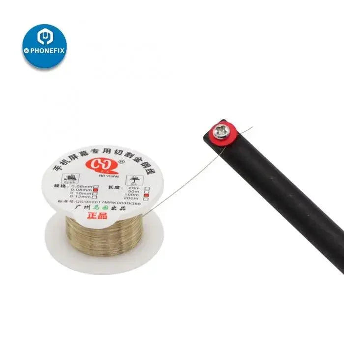 Close-up of PHONEFIX alloy steel cutting wire 0.08mm used for separating phone glass and LCD screens during repairs.