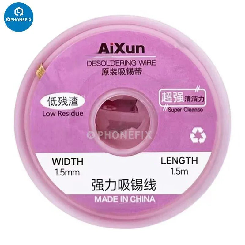 AiXun 1.5M BGA soldering wick for PCB tin removal and welding repair, shown in a pack of 10 flexible solder wires by PHONEFIX.