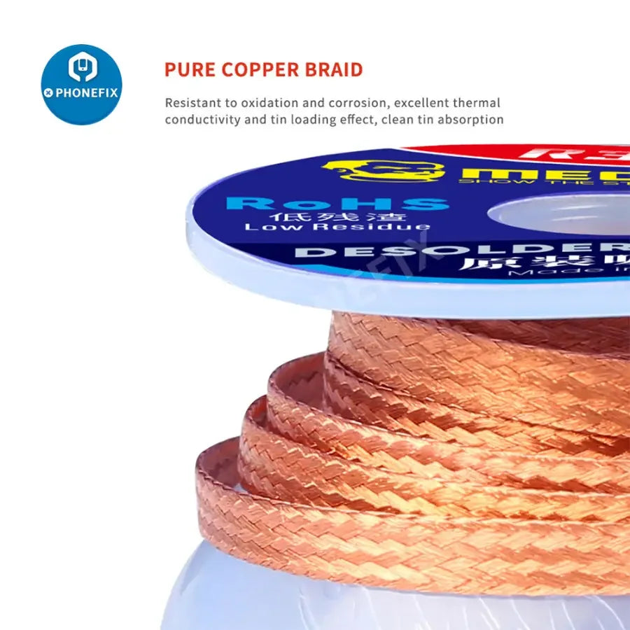 PHOENFIX R300 DW50 solder wick remover and desoldering wire for electronics repair, shown in a close-up image with soldering tools.