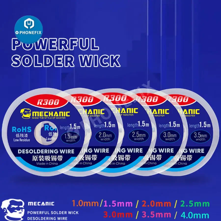 Phonefix MECHANIC R300 DW50 solder wick remover and desoldering wire for electronic repair, shown in close-up image.
