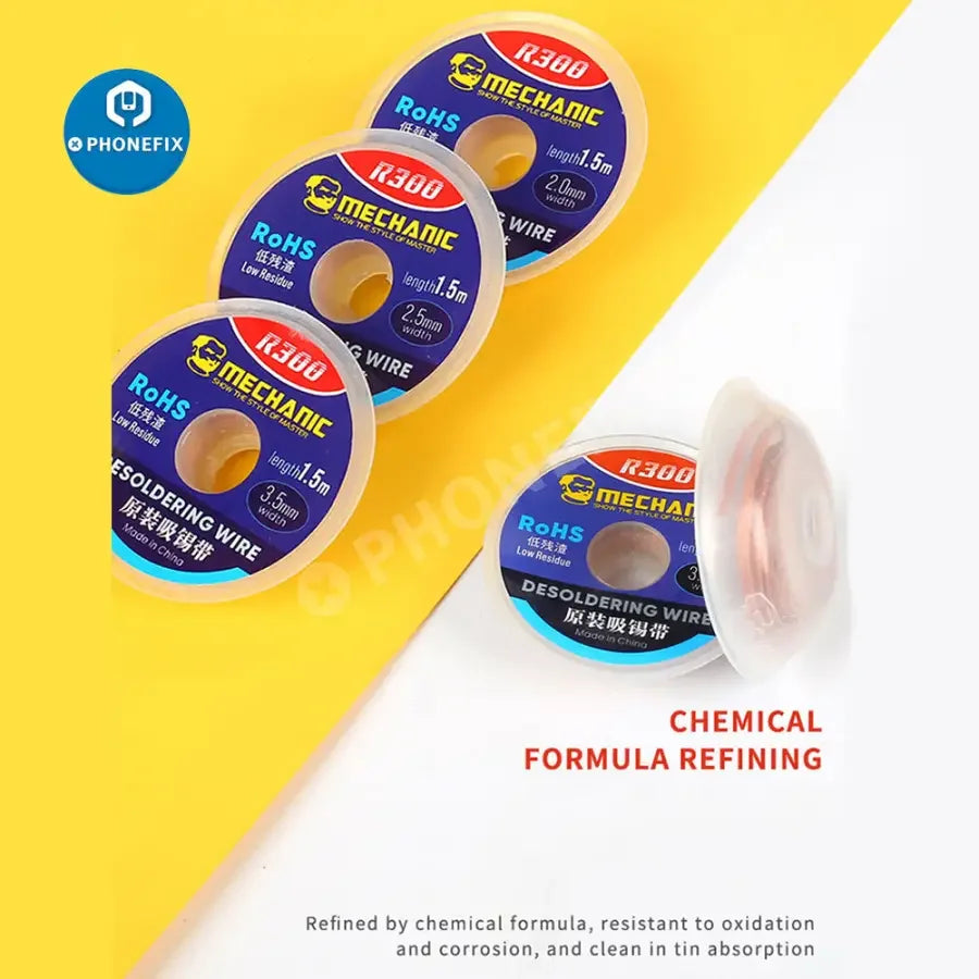 PhoneFix MECHANIC R300 DW50 solder wick remover, desoldering wire for electronics repair, shown in close-up image.