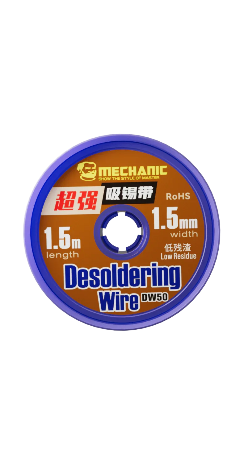 PhoneFix MECHANIC R300 DW50 solder wick remover desoldering wire for electronics repair, shown in a close-up image.
