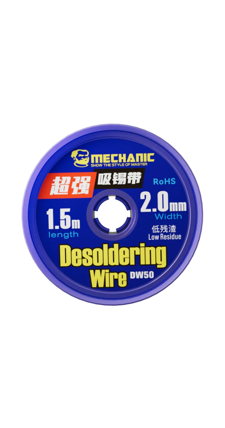 PhoneFix MECHANIC R300 DW50 solder wick remover desoldering wire for electronics repair, showing the solder wire coil on a white background.