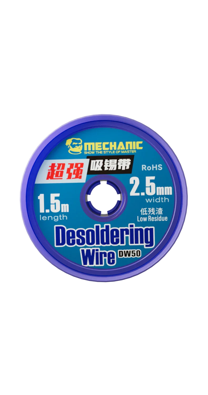 PhoneFix MECHANIC R300 DW50 solder wick remover desoldering wire for electronics repair, showing tightly coiled solder wire spool.