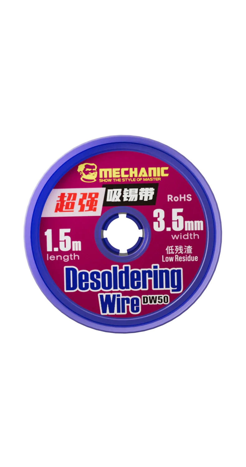 PhoneFix MECHANIC R300 DW50 solder wick remover desoldering wire for electronics repair, showing copper braid and packaging.
