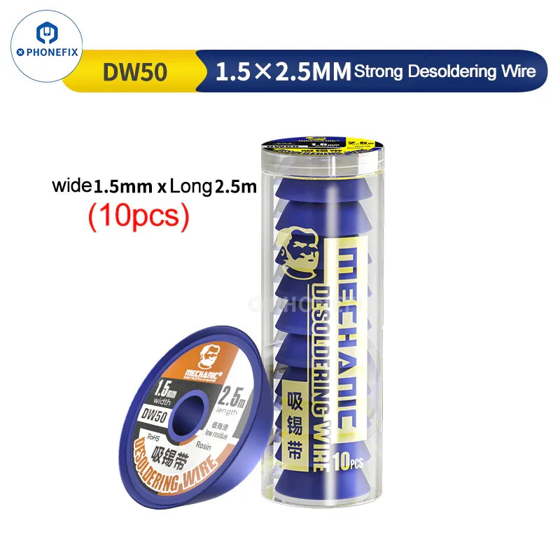 PhoneFix Mechanic R300 DW50 solder wick remover desoldering wire, thin solder wire for electronics repair and soldering tasks.