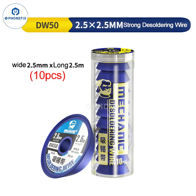 PhoneFix R300 DW50 solder wick remover desoldering wire, close-up of 2.5x2.5mm solder wire for electronics repair.