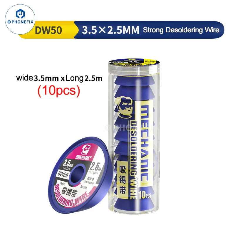 PhoneFix MECHANIC R300 DW50 solder wick remover desoldering wire, showing a close-up of the 3.5x2.5mm solder wire on a clean surface.