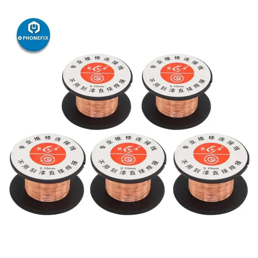 Copper soldering wire by PHONEFIX, 0.1mm maintenance jump line for fingerprint repair, shown in a close-up of five individual wires.