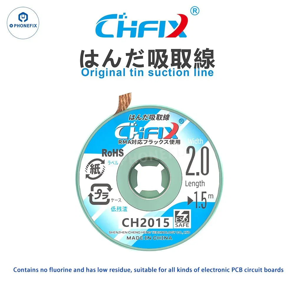 Phonefix CHFIX CH2015 desoldering wick, ESD safe PCB solder wire for removing solder from electronic components.