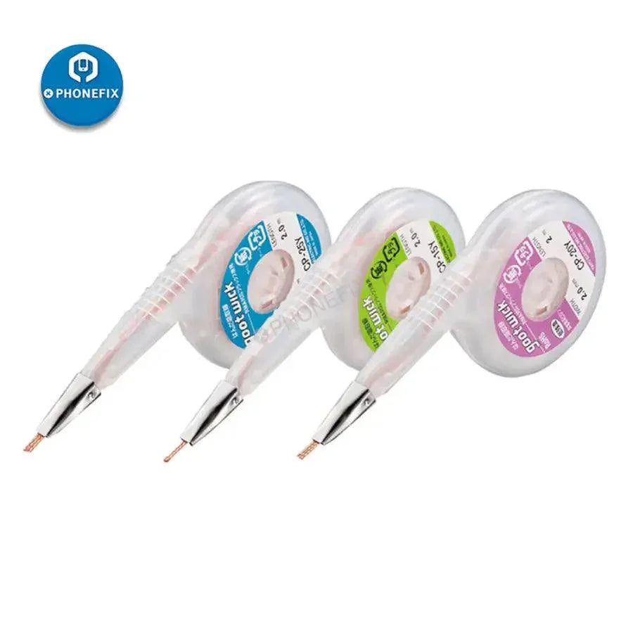 PhoneFix GOOT desoldering wick dispenser with stainless steel mouth, solder wire for precision tin wire removal.