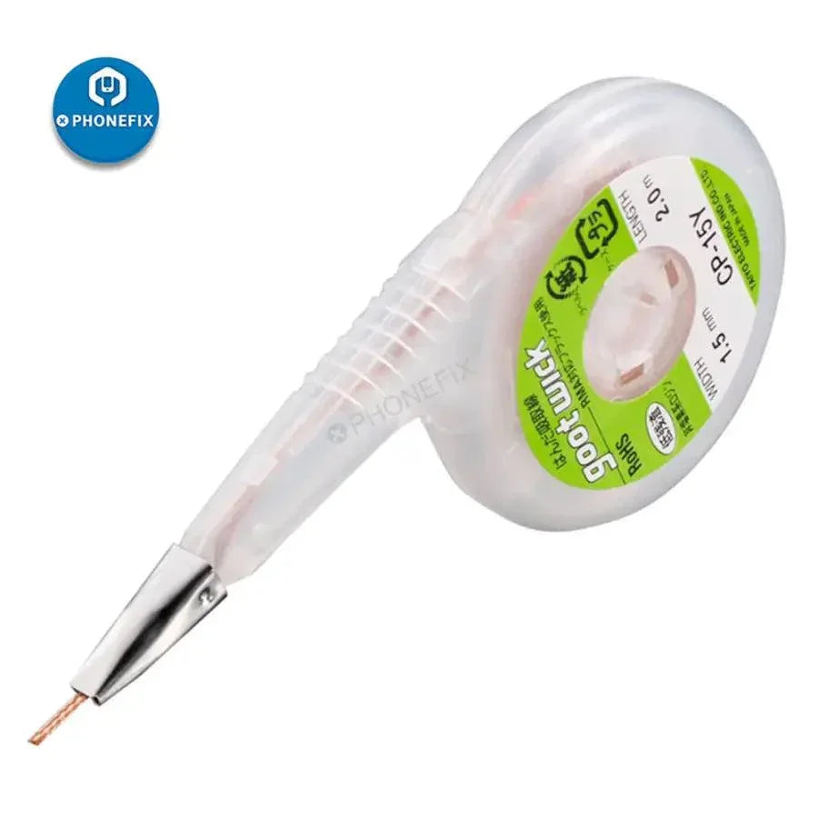 PHONEFIX GOOT desoldering wick dispenser with stainless steel mouth, featuring solder wire for easy tin removal and soldering tasks