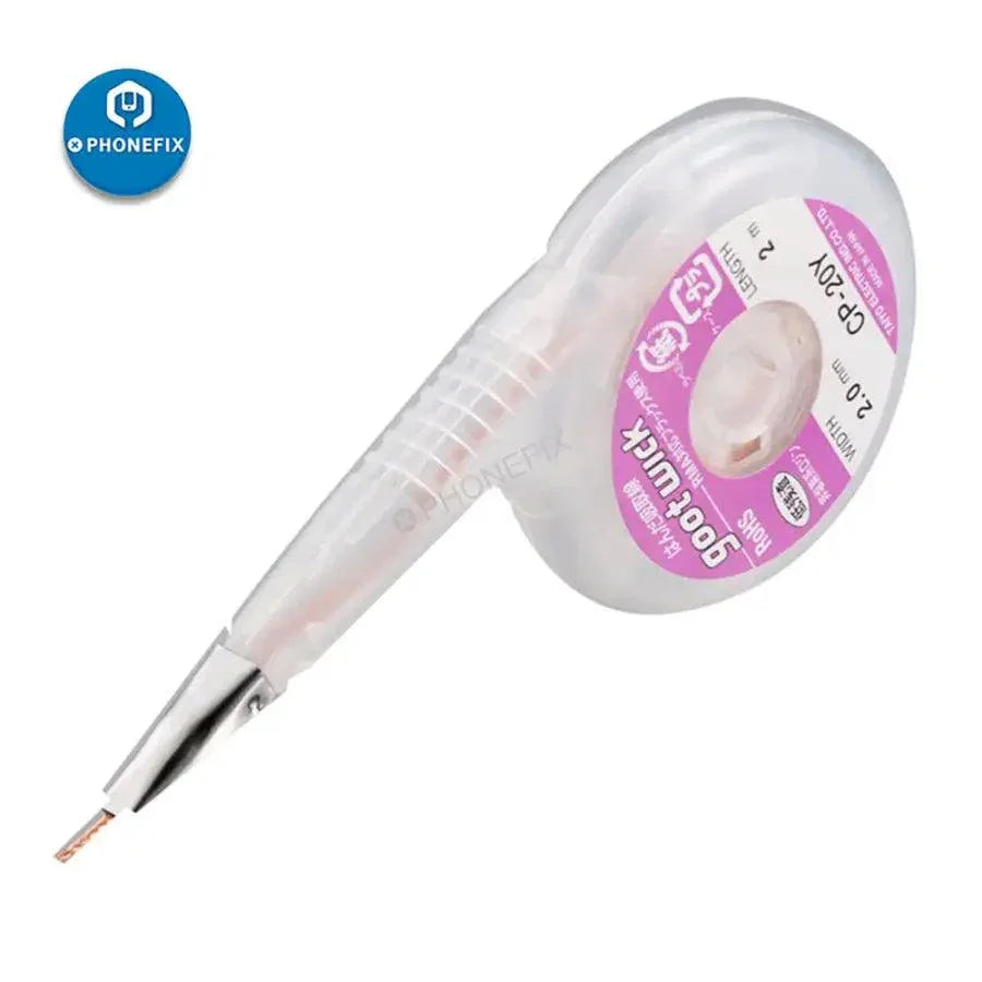 PHONEFIX GOOT desoldering wick dispenser with stainless steel mouth, showing solder wire for desoldering electronic components.