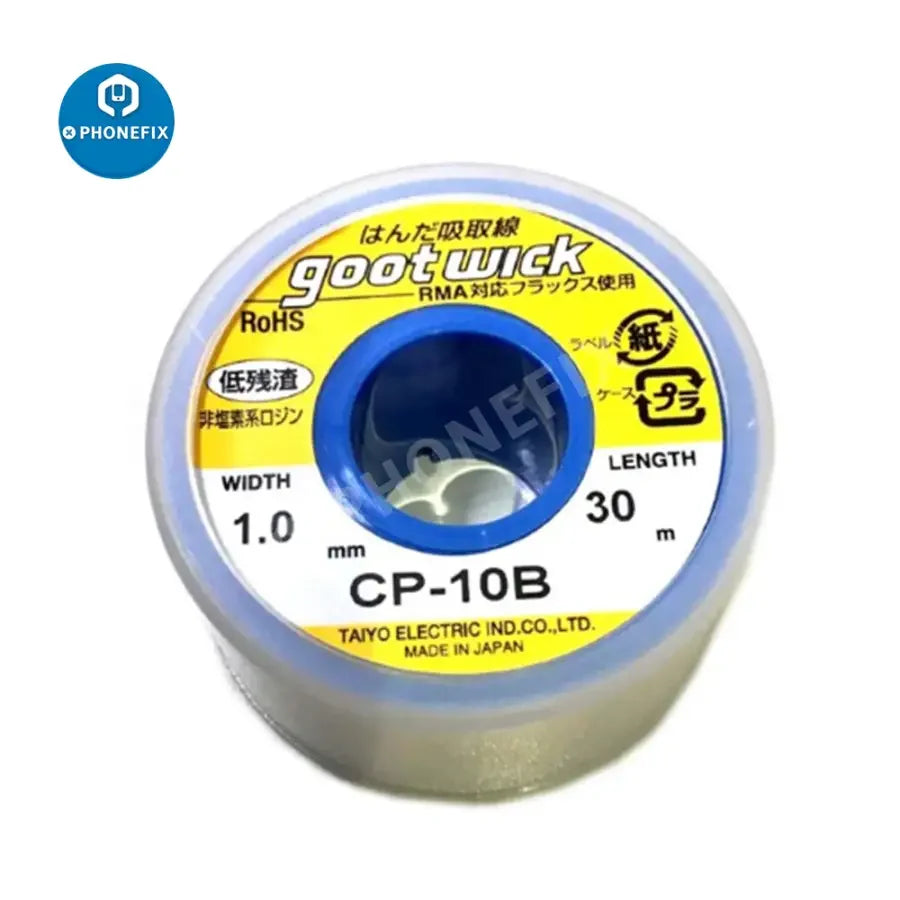 Original GOOT WICK desoldering solder wire CP 30B for electronics repair, with various sizes including CP 10B, 15B, 20B, and 25B