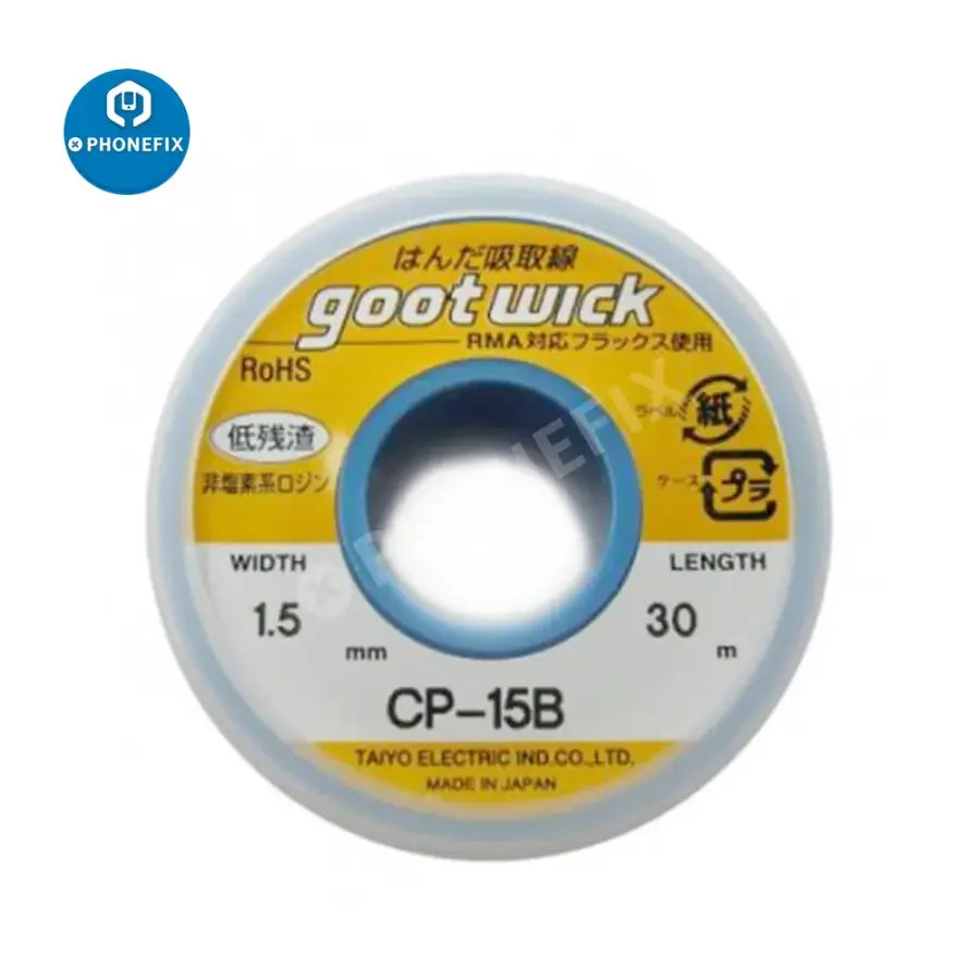 Original GOOT WICK desoldering solder wire CP 30B from PHONEFIX, used for removing solder in electronics repair.