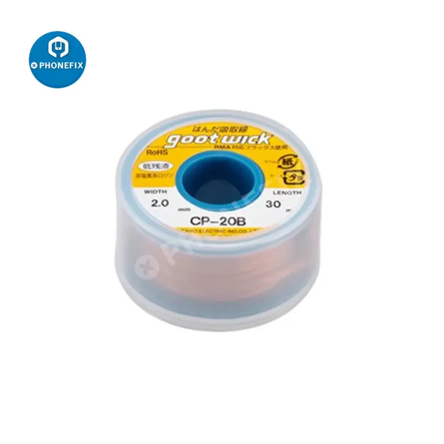 Original GOOT WICK desoldering solder wire CP 30B for electronics repair, shown in a spool with multiple sizes for desoldering tasks.