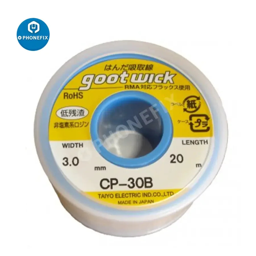 Original GOOT WICK desoldering solder wire CP 30B from PHONEFIX, used for removing solder in electronic repairs.
