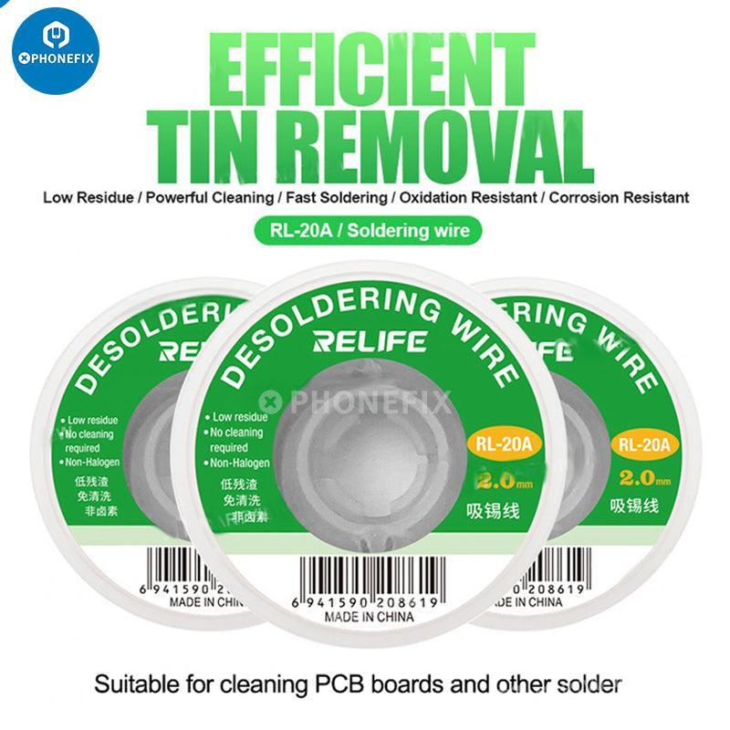 Relife RL-20A 2mm tin suction solder wire for PCB repair, shown with soldering tool and wire in use on electronic circuit board