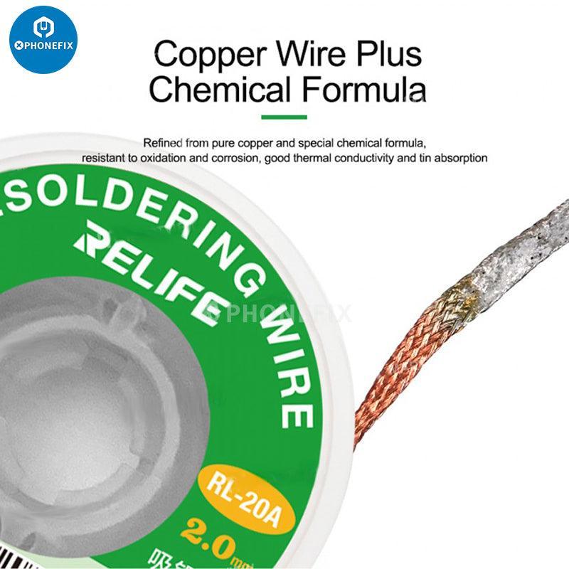 Relife RL-20A 2mm tin suction solder wire for PCB welding and repair, with a PhoneFix branding logo visible on the spool.