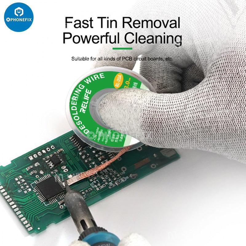 Relife RL-20A 2mm tin suction solder wire for PCB welding and repair, shown with the PHONEFIX brand in the image.