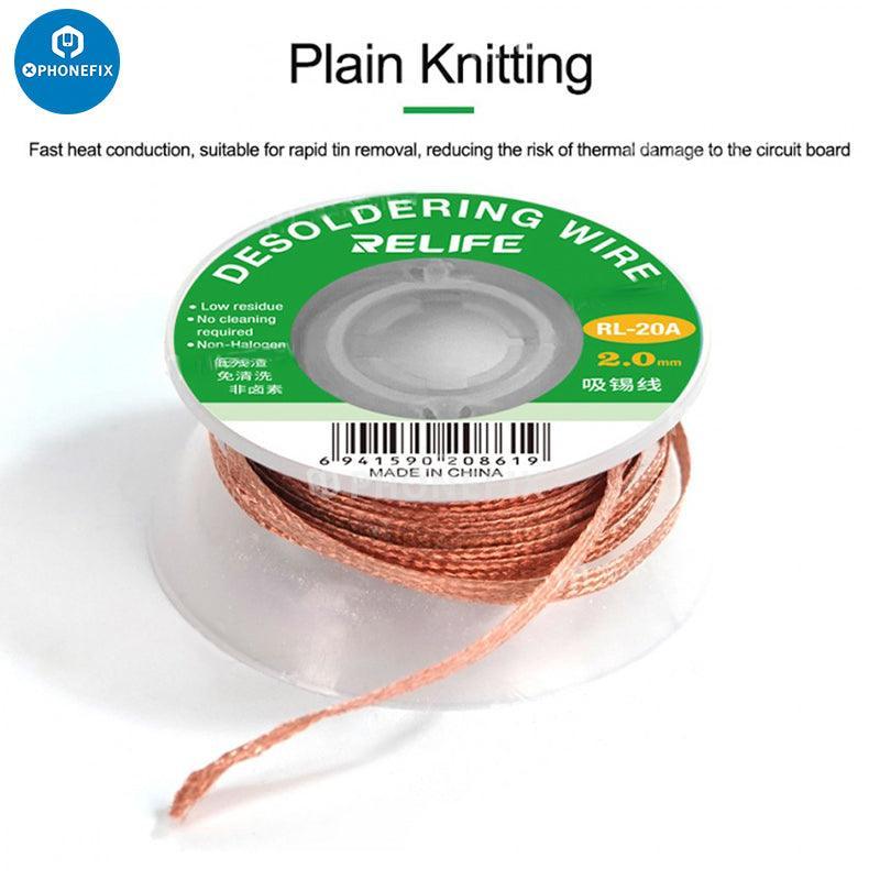 Relife RL-20A 2mm tin solder wire with suction tool for PCB welding and repair, shown in a professional repair setting.