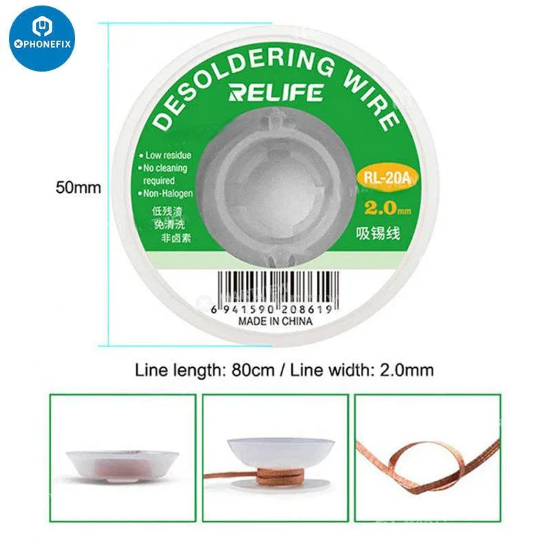 Relife RL-20A 2mm tin suction solder wire for PCB welding and repair, shown in the PHONEFIX solder wire tool image.