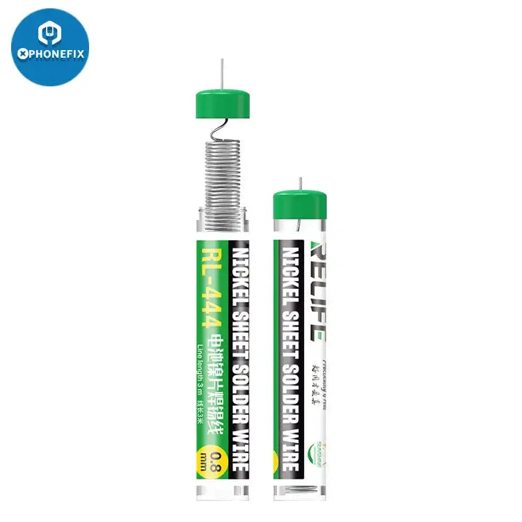 RELIFE RL-444 nickel solder wire for battery repair, 0.8mm diameter, used in electronic soldering and repair projects.
