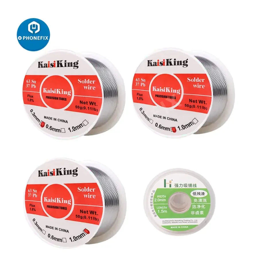 PhoneFIX tin lead rosin core solder wire in 0.3mm, 0.6mm, and 1.0mm diameters for electrical soldering applications.