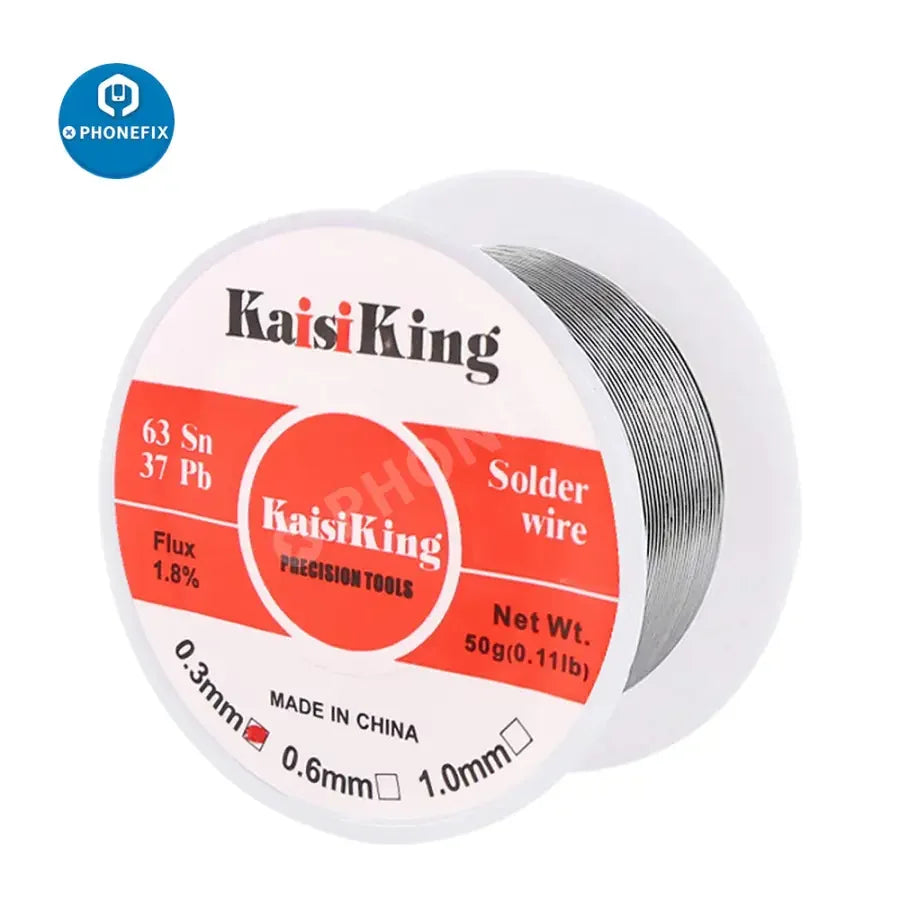 Phonefix tin lead rosin core solder wire in 0.3mm, 0.6mm, and 1.0mm diameters, showing spools of electrical soldering wick.