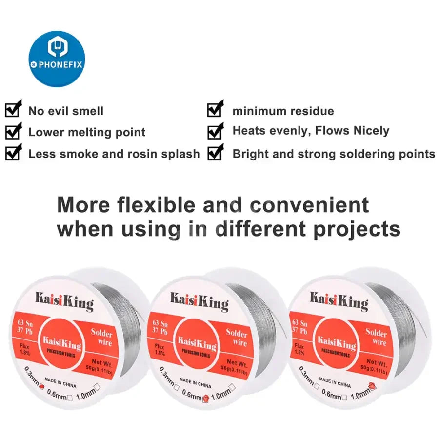 Phonefix tin lead rosin core solder wire in 0.3mm, 0.6mm, or 1.0mm for electrical soldering with a spool of solder wire.