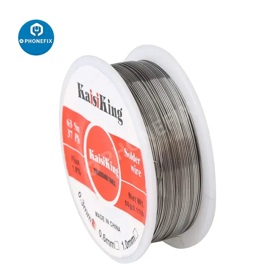 PhoneFIX tin lead rosin core solder wire in 0.3mm, 0.6mm, and 1.0mm diameters, ideal for electrical soldering projects.