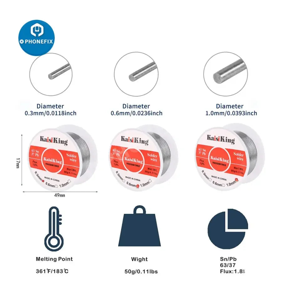 Phonefix tin lead rosin core solder wire in 0.3mm, 0.6mm, and 1.0mm for electrical soldering and circuit board repairs.