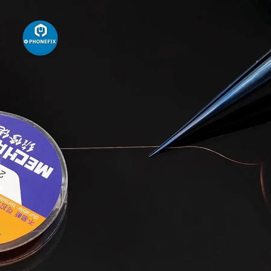 Copper jumper wire for motherboard soldering repair by PHONEFIX, 0.01-0.02mm thick, used for electronic circuit repairs.