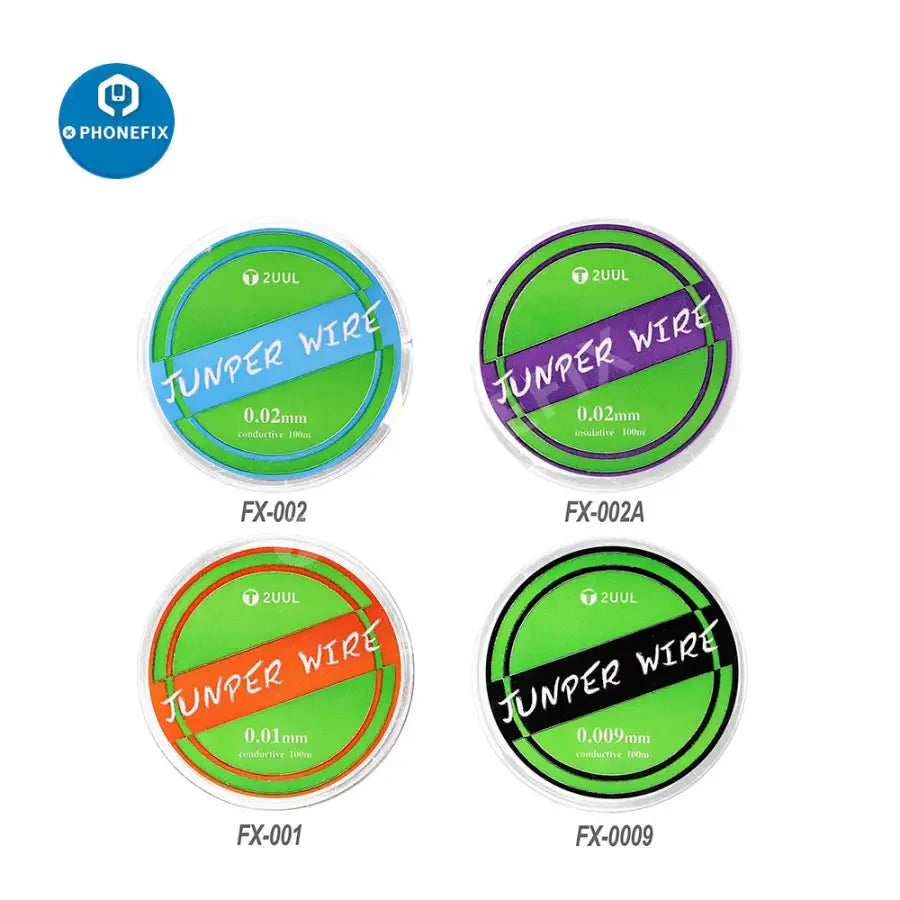 PhoneFIX solder jumper wire for phone PCB CPU repair, available in 0.01mm, 0.02mm, and 0.009mm thickness for precise soldering.