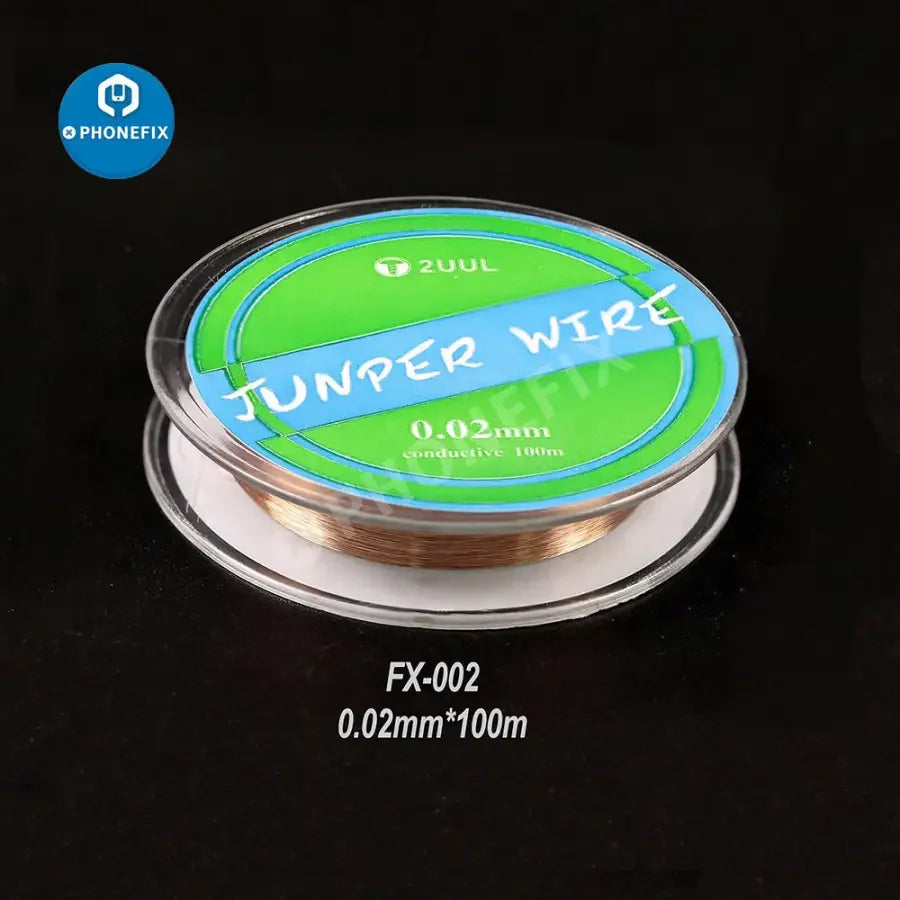 PHONEFIX 2UUL solder jumper wire for phone PCB CPU repair, with 0.01/0.02/0.009mm diameter, used for soldering and repair work.