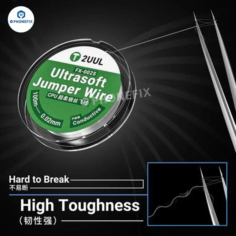 PhoneFix 2UUL solder jumper wire for phone PCB CPU repair, available in 0.01mm, 0.02mm, and 0.009mm thickness for precise soldering.