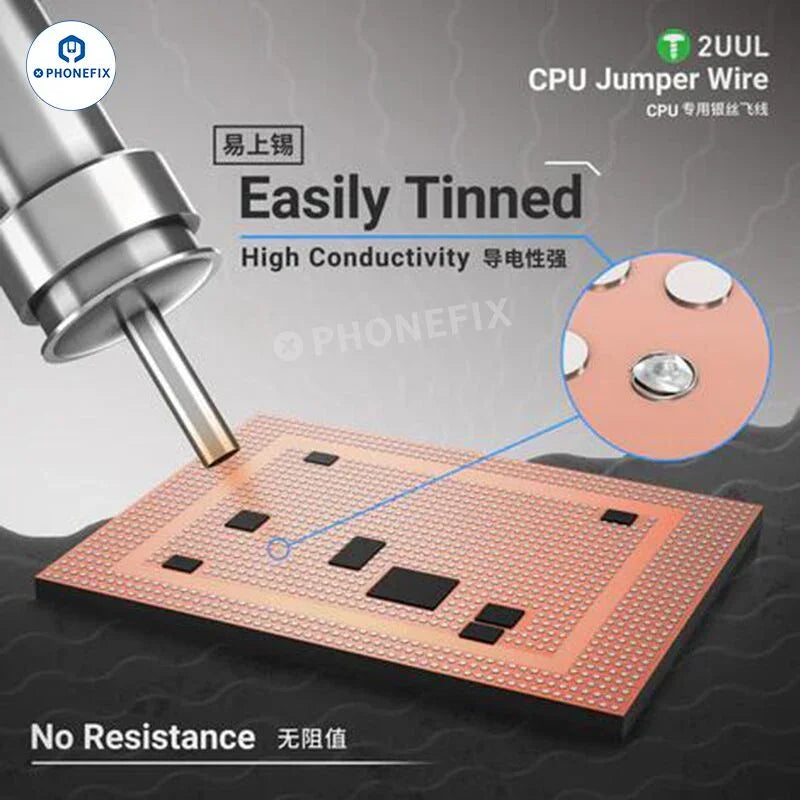 PhoneFix solder jumper wire for phone PCB CPU repair, available in 0.01mm, 0.02mm, and 0.009mm thickness for precise soldering.