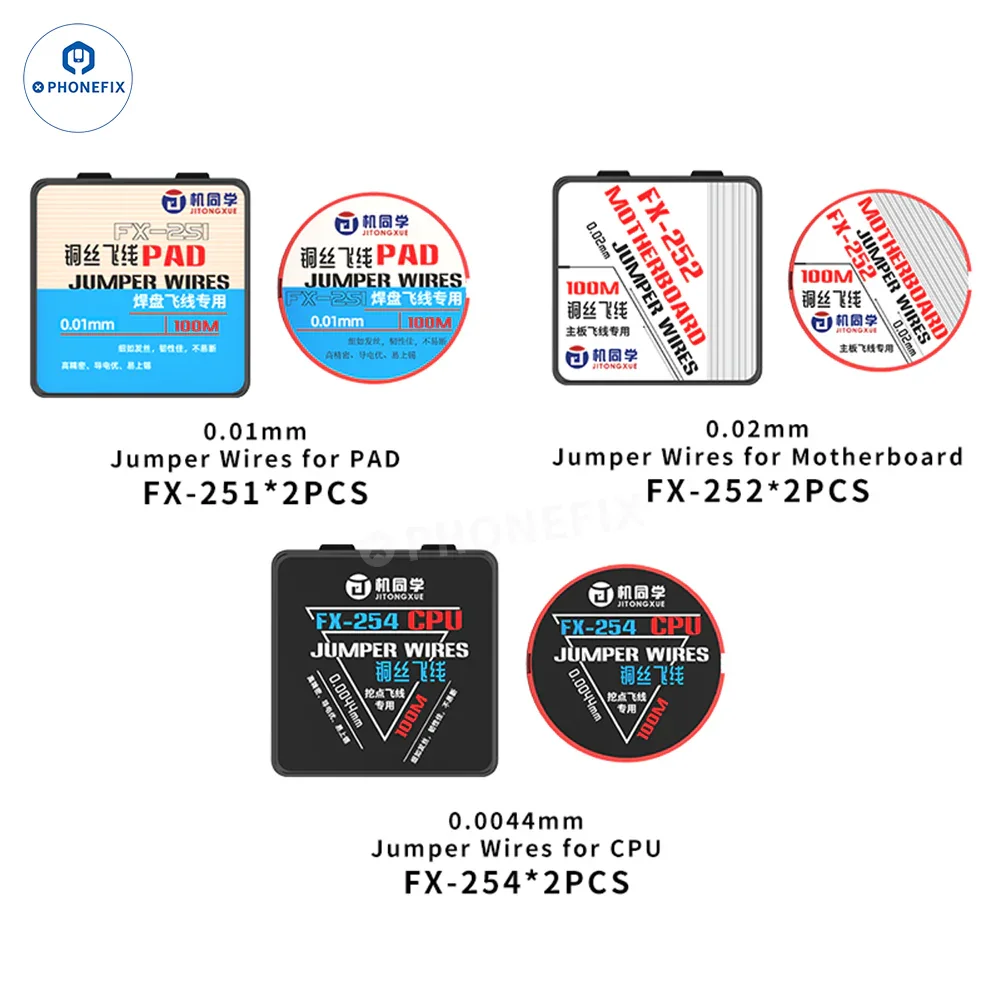 Pair of PHONEFIX JTX jumper wires for phone motherboard CPU IC pad soldering repair, solder wire for electronic component connections.