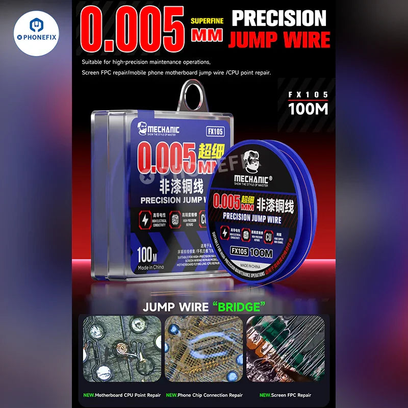 PhoneFix mechanic solder jump wire for phone PCB CPU chip repair, showing flexible solder wire and repair tools.