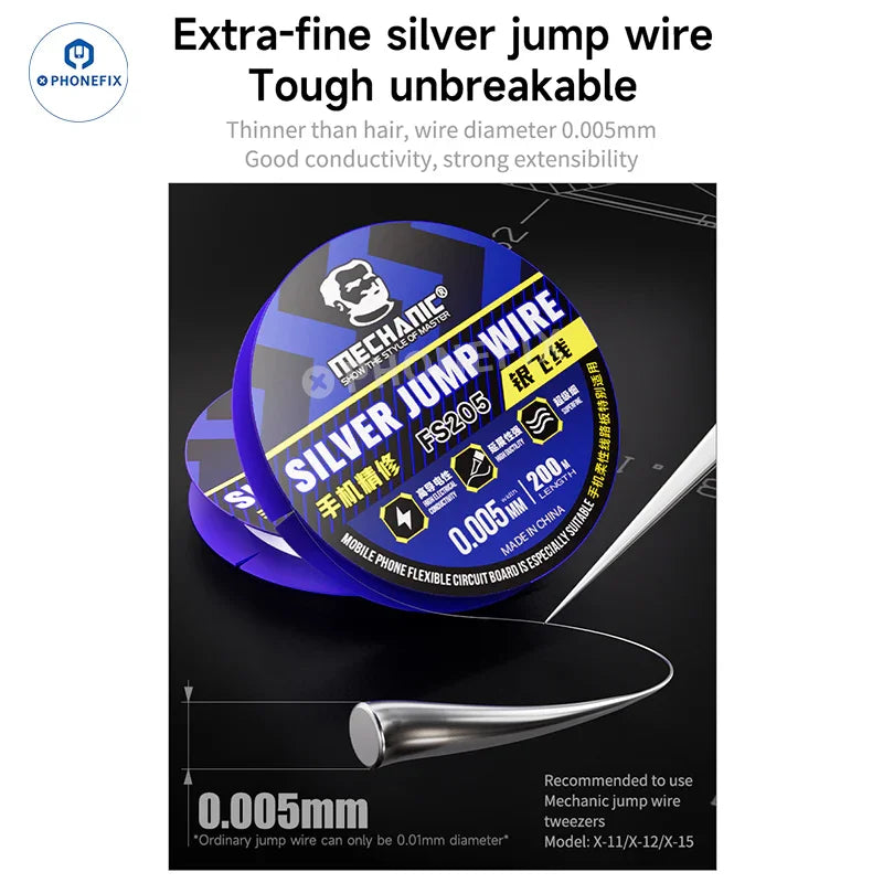 PhoneFix mechanic jump wire for phone PCB CPU chip repair, solder wire with fine tip and insulated coating for precision soldering.