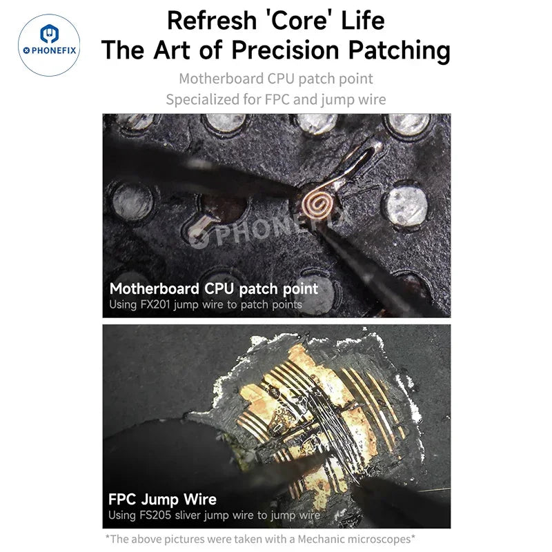 PhoneFix solder jump wire for phone PCB CPU chip repair, showing thin, flexible solder wire used for electronic circuit repairs.