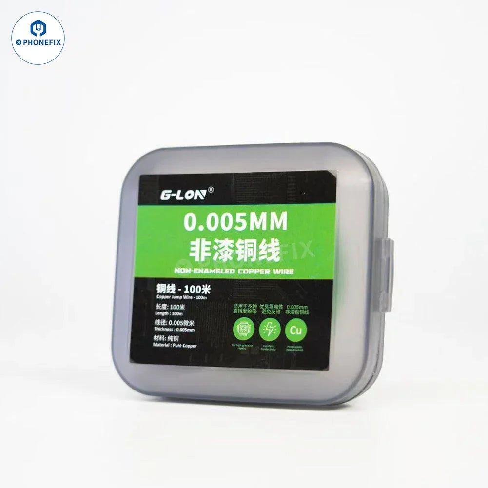 Gros plan sur le fil de soudure en cuivre non émaillé PHONEFIX G-LON de 0.005 mm pour la réparation de cartes téléphoniques, montrant les détails des brins de cuivre fins.