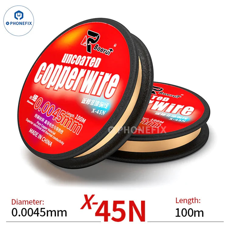 Fil de cuivre fin G-LON 0.005 mm non émaillé pour la réparation de cartes téléphoniques, conçu pour les soudures précises et les travaux électroniques.