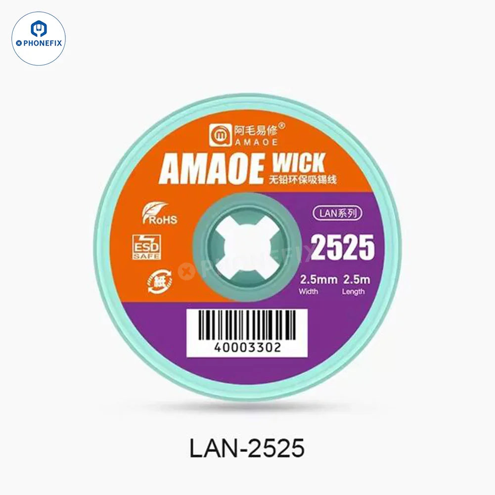Mèche à dessouder Amaoe BGA de PHONEFIX, fil d'aspiration de soudure à l'étain pour circuits imprimés permettant d'enlever la soudure des cartes de circuits imprimés.