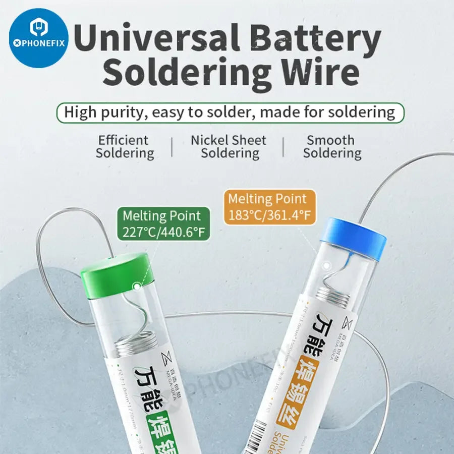 Qianli MEGA-IDEA 0.8mm universal soldering wire for battery repair, shown coiled with a metallic finish and insulation.