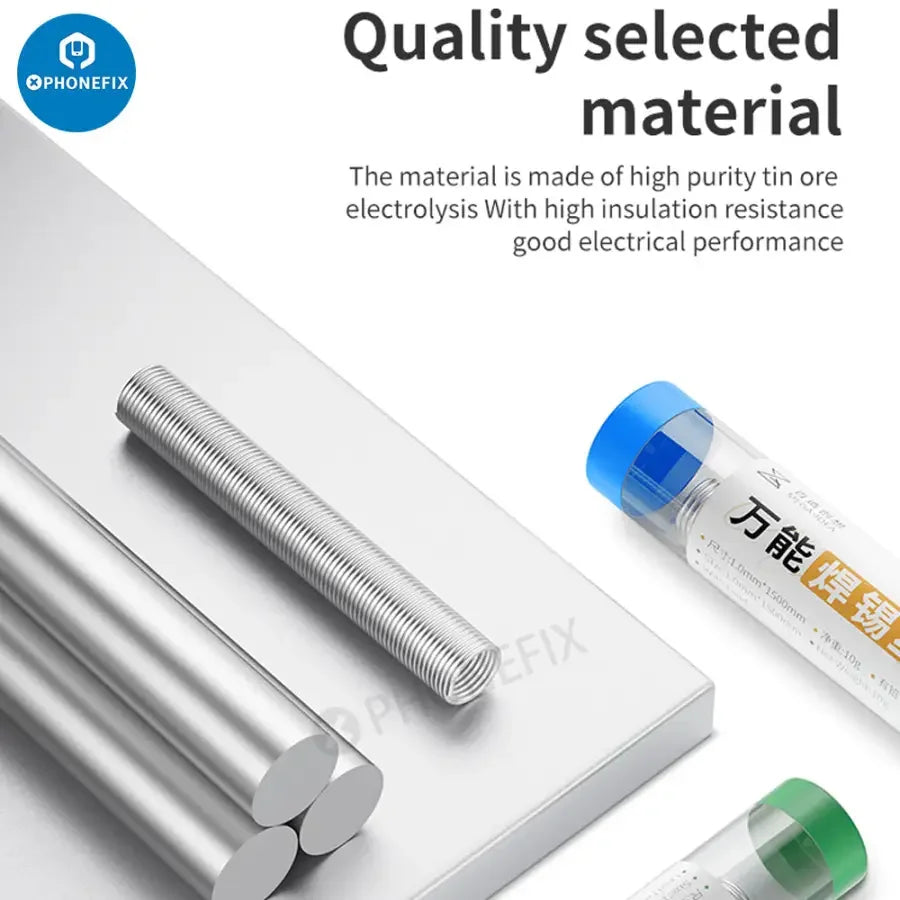 Qianli MEGA-IDEA 0.8mm universal soldering wire for battery repair, shown in a close-up of the thin solder wire on a spool.