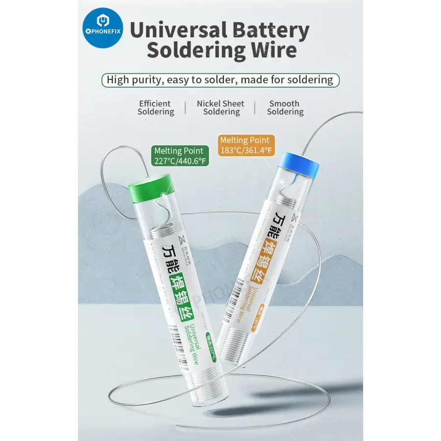 Qianli MEGA-IDEA 0.8mm universal soldering wire for battery repair by PHONEFIX, shown coiled on a white background.
