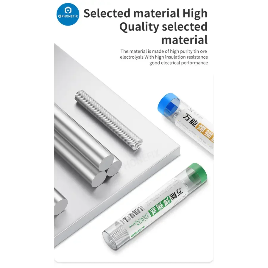 Qianli MEGA-IDEA 0.8mm universal soldering wire for battery repair by PHONEFIX, shown in a close-up image.